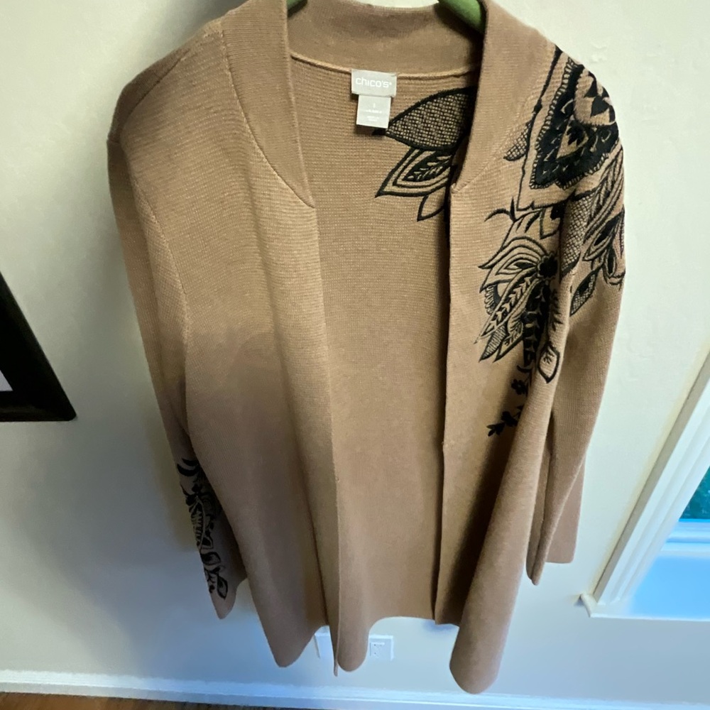 Chicos Floral Embroidered Duster Cardigan Knit Sweater
